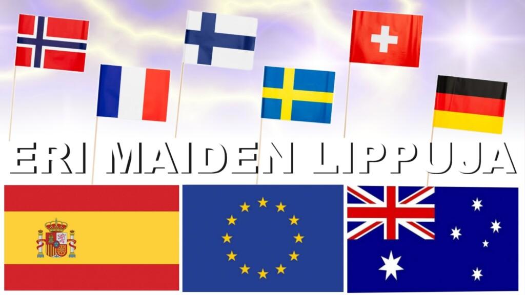 Eri maiden lippuja, Ruotsin, Suomen, Norjan, Viron, Kreikan, Saksan lippuja.